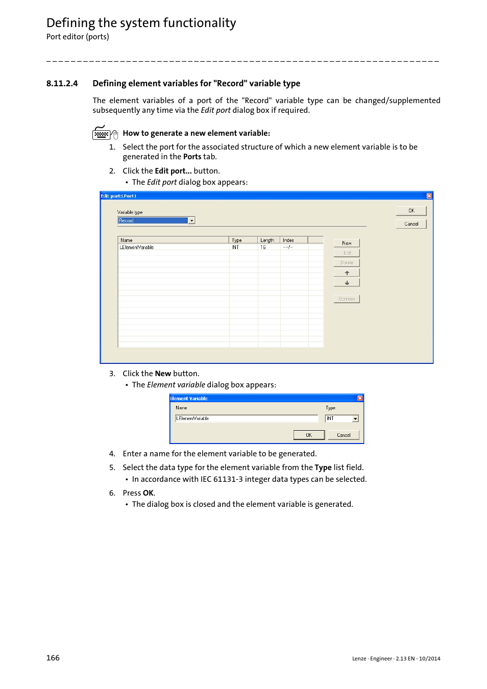 Defining, Element variables for "record" variable type, Defining the system functionality | Lenze Engineer v2.21 User Manual | Page 166 / 312