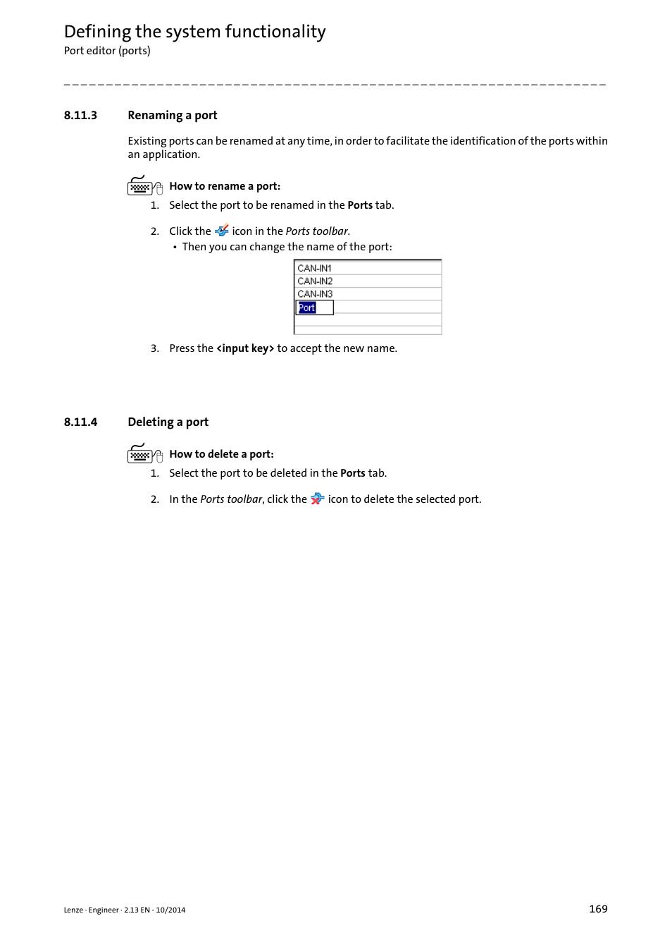 3 renaming a port, 4 deleting a port, Renaming a port ( 169) | Deleting a port ( 169), Defining the system functionality | Lenze Engineer v2.21 User Manual | Page 169 / 312