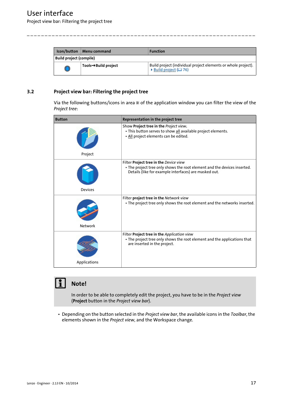 2 project view bar: filtering the project tree, Project view bar: filtering the project tree, User interface | Lenze Engineer v2.21 User Manual | Page 17 / 312