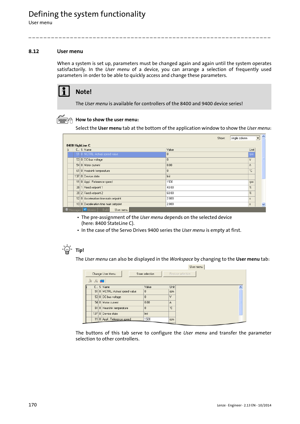 12 user menu, User menu ( 170), User | Menu, User menu, Defining the system functionality | Lenze Engineer v2.21 User Manual | Page 170 / 312