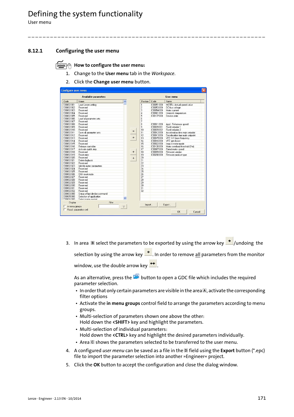 1 configuring the user menu, Defining the system functionality | Lenze Engineer v2.21 User Manual | Page 171 / 312