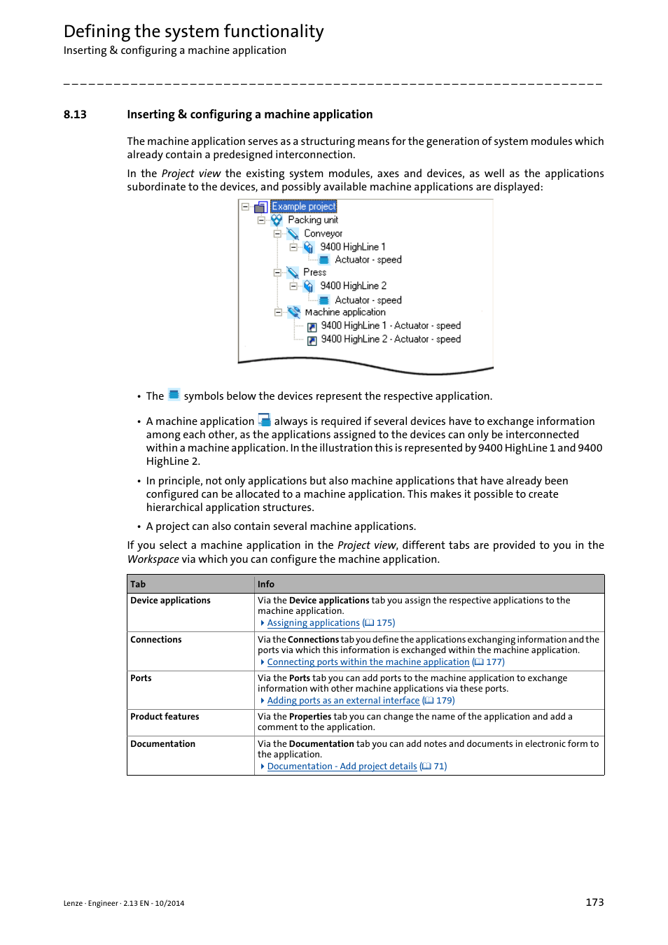 13 inserting & configuring a machine application, Inserting & configuring a machine application, Defining the system functionality | Lenze Engineer v2.21 User Manual | Page 173 / 312