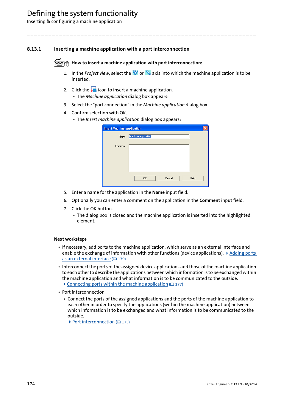 Inserting a machine application with a port, Interconnection ( 174), Defining the system functionality | Lenze Engineer v2.21 User Manual | Page 174 / 312