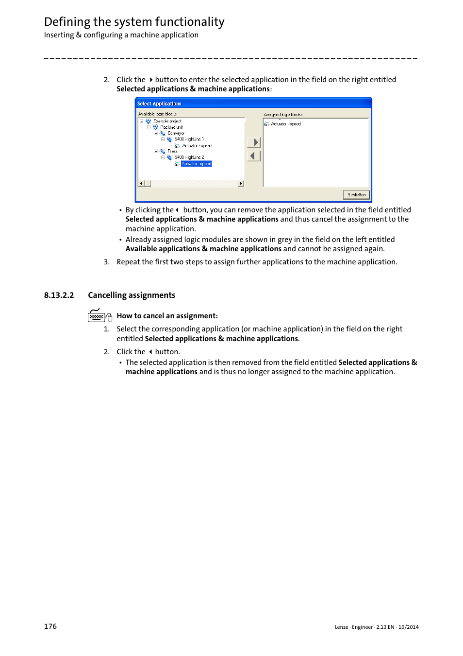 2 cancelling assignments, Cancelling assignments, Defining the system functionality | Lenze Engineer v2.21 User Manual | Page 176 / 312