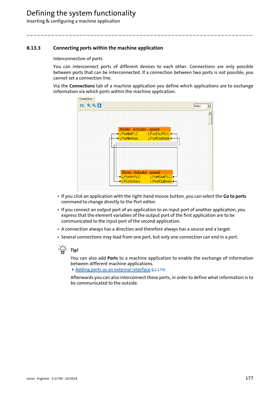 3 connecting ports within the machine application, Connecting ports within the machine application, Defining the system functionality | Lenze Engineer v2.21 User Manual | Page 177 / 312
