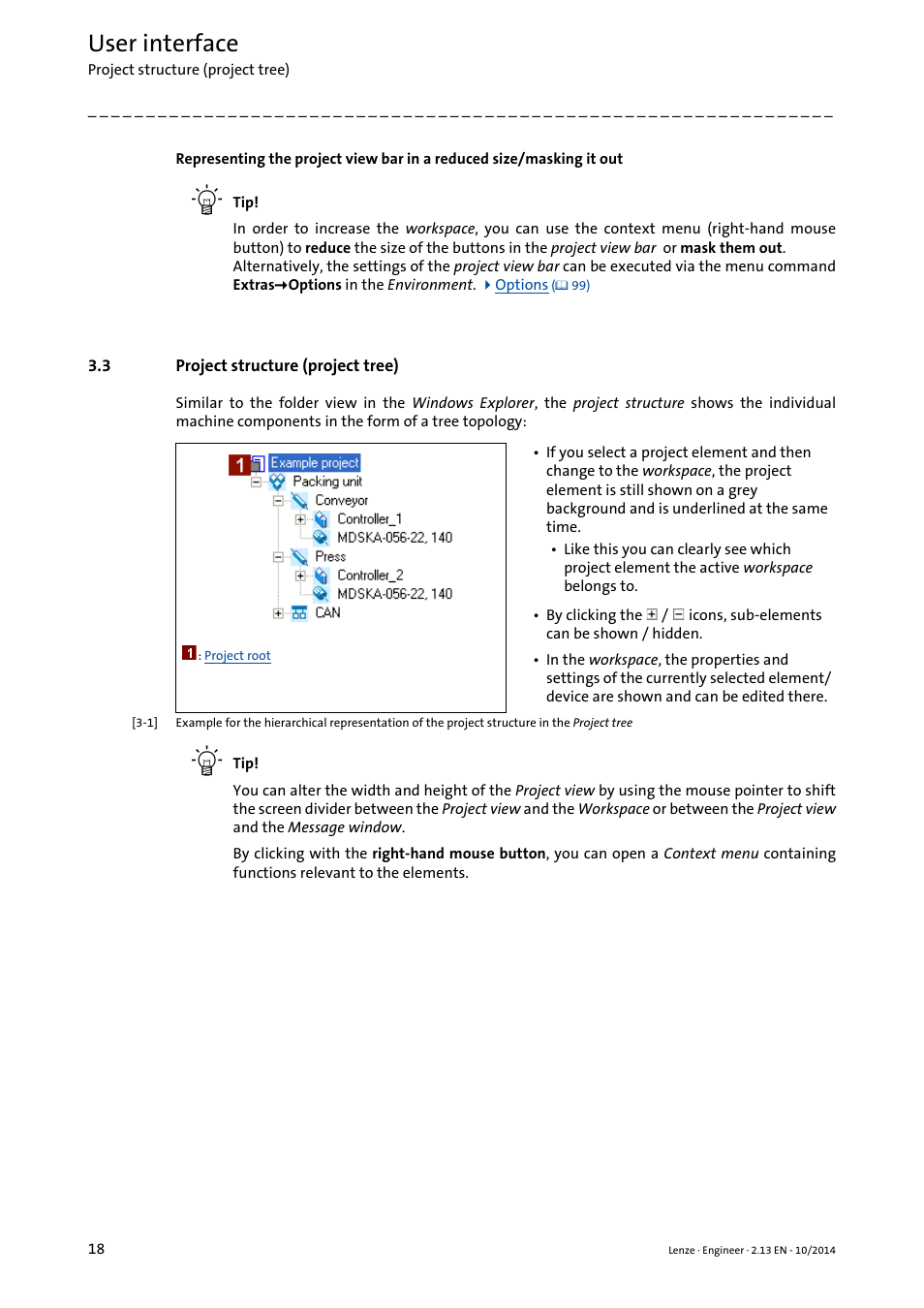 3 project structure (project tree), Project structure (project tree), Project structure (project tree) ( 18) | User interface | Lenze Engineer v2.21 User Manual | Page 18 / 312