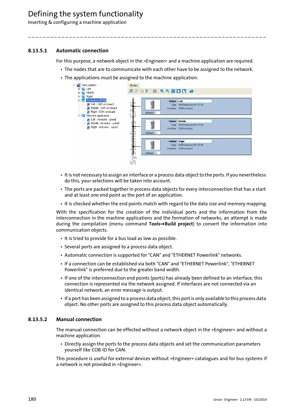 1 automatic connection, 2 manual connection, Automatic connection | Manual connection, Defining the system functionality | Lenze Engineer v2.21 User Manual | Page 180 / 312