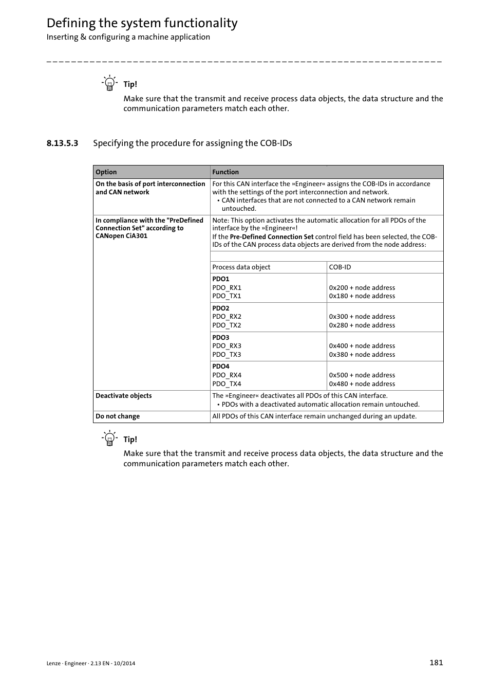 Specifying the procedure for assigning the cob-ids, Defining the system functionality | Lenze Engineer v2.21 User Manual | Page 181 / 312
