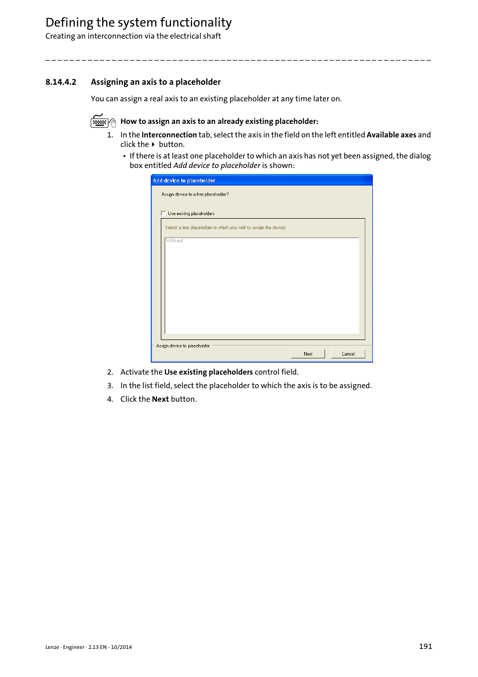 2 assigning an axis to a placeholder, Assigning an axis to a placeholder, Defining the system functionality | Lenze Engineer v2.21 User Manual | Page 191 / 312
