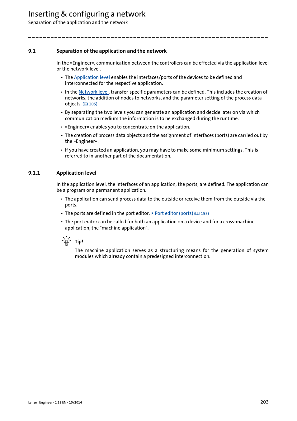 1 separation of the application and the network, 1 application level, Separation of the application and the network | Application level, Inserting & configuring a network | Lenze Engineer v2.21 User Manual | Page 203 / 312
