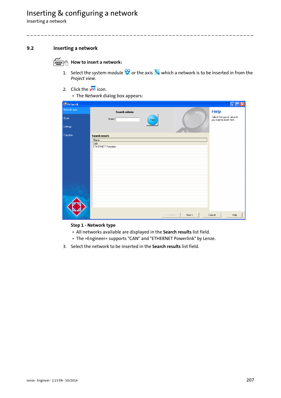 2 inserting a network, Inserting a network, Inserting a network ( 207) | Inserting & configuring a network | Lenze Engineer v2.21 User Manual | Page 207 / 312