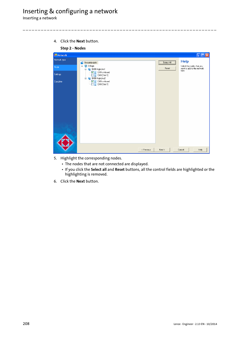 Inserting & configuring a network | Lenze Engineer v2.21 User Manual | Page 208 / 312