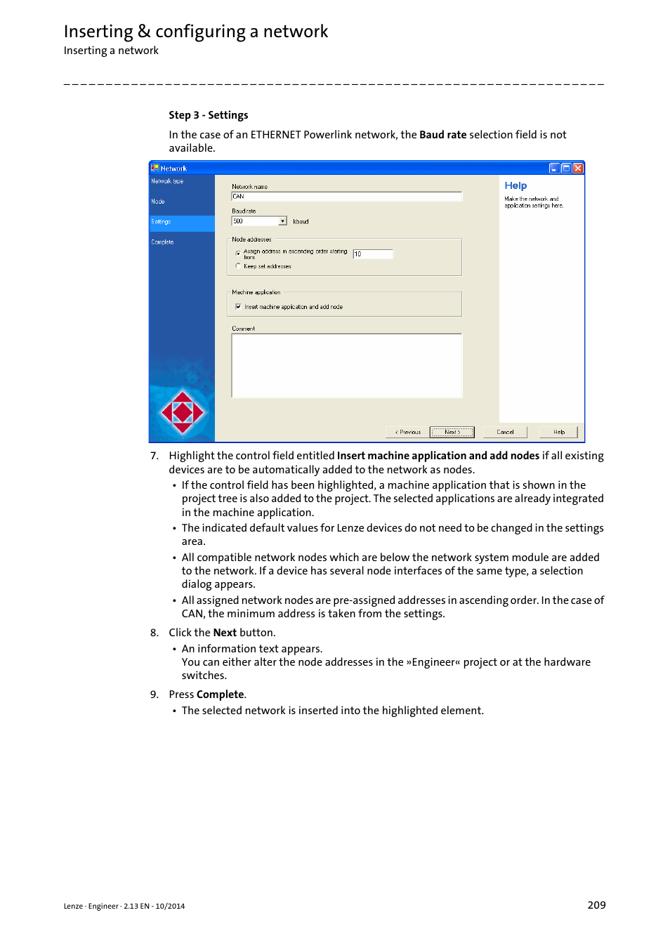 Inserting & configuring a network | Lenze Engineer v2.21 User Manual | Page 209 / 312