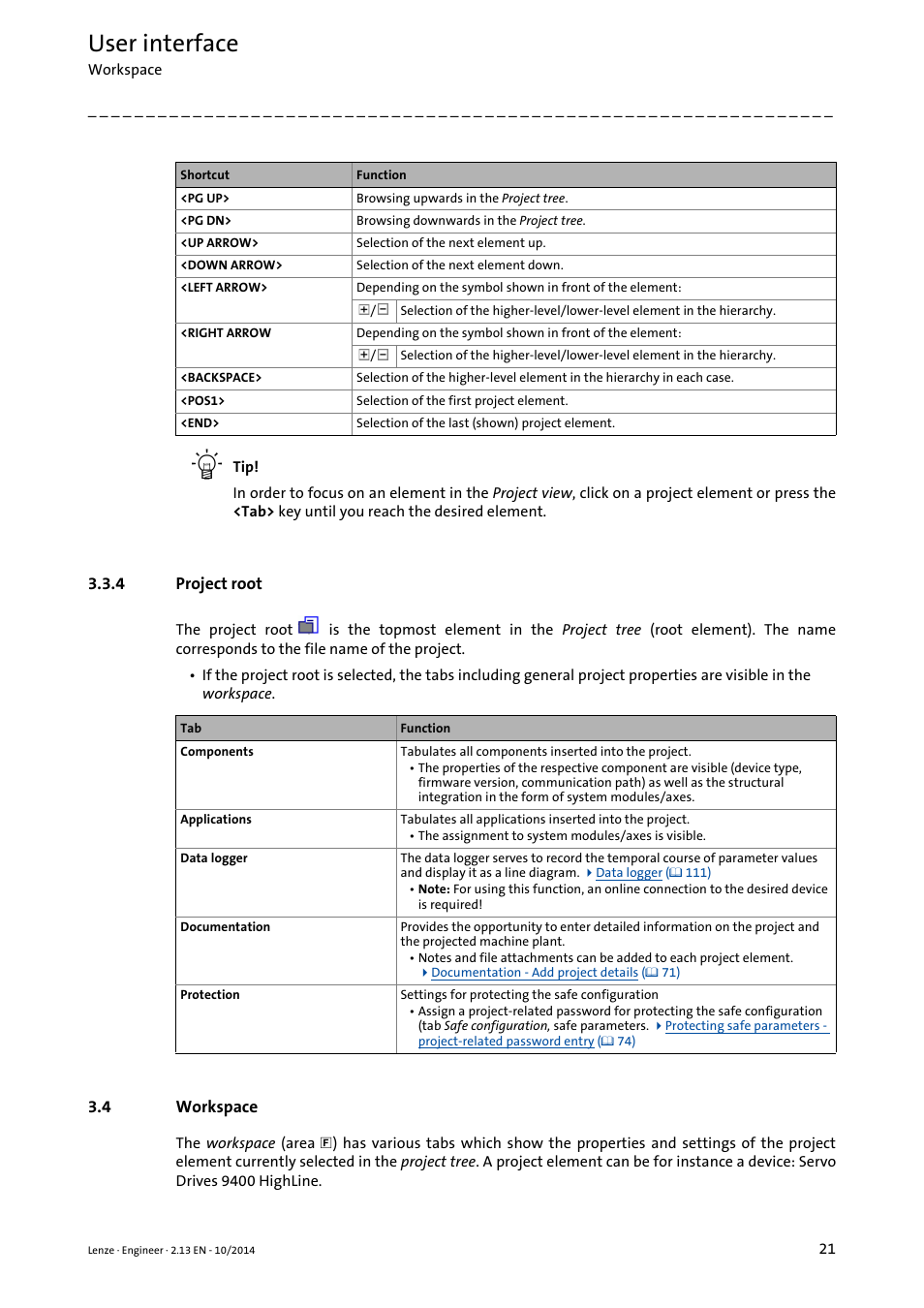 4 project root, 4 workspace, Project root | Workspace, Workspace ( 21), User interface | Lenze Engineer v2.21 User Manual | Page 21 / 312