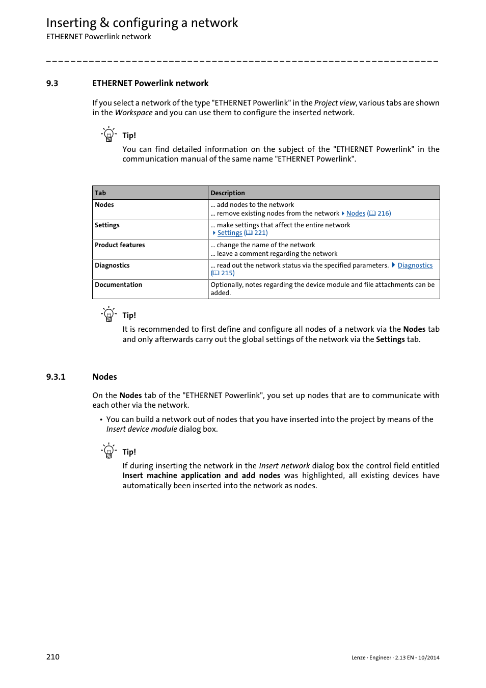 3 ethernet powerlink network, 1 nodes, Ethernet powerlink network | Nodes, Inserting & configuring a network | Lenze Engineer v2.21 User Manual | Page 210 / 312