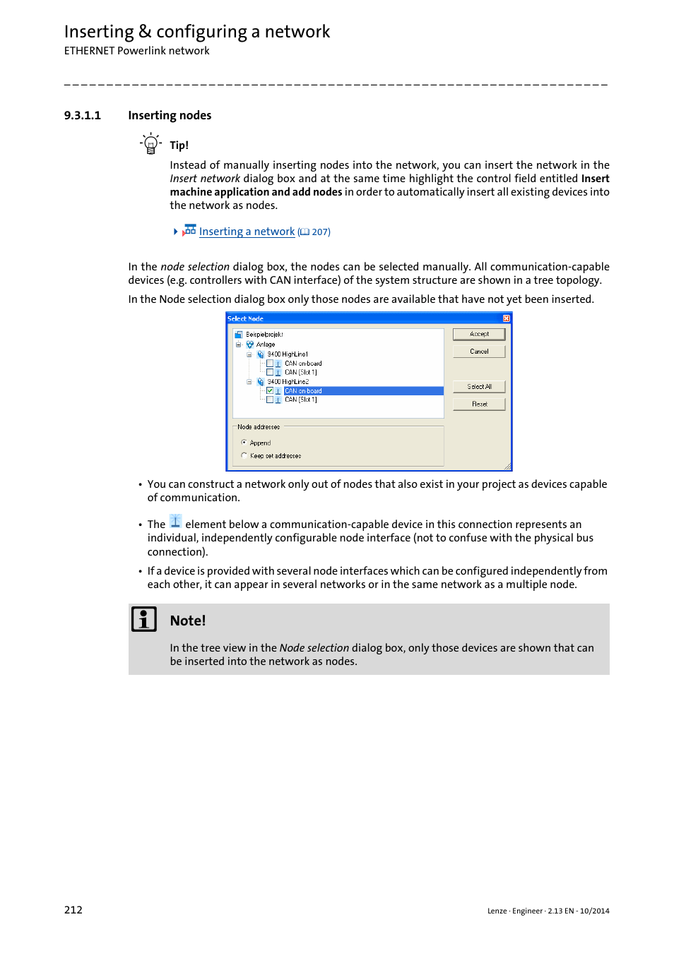 1 inserting nodes, Inserting nodes, Inserting & configuring a network | Lenze Engineer v2.21 User Manual | Page 212 / 312