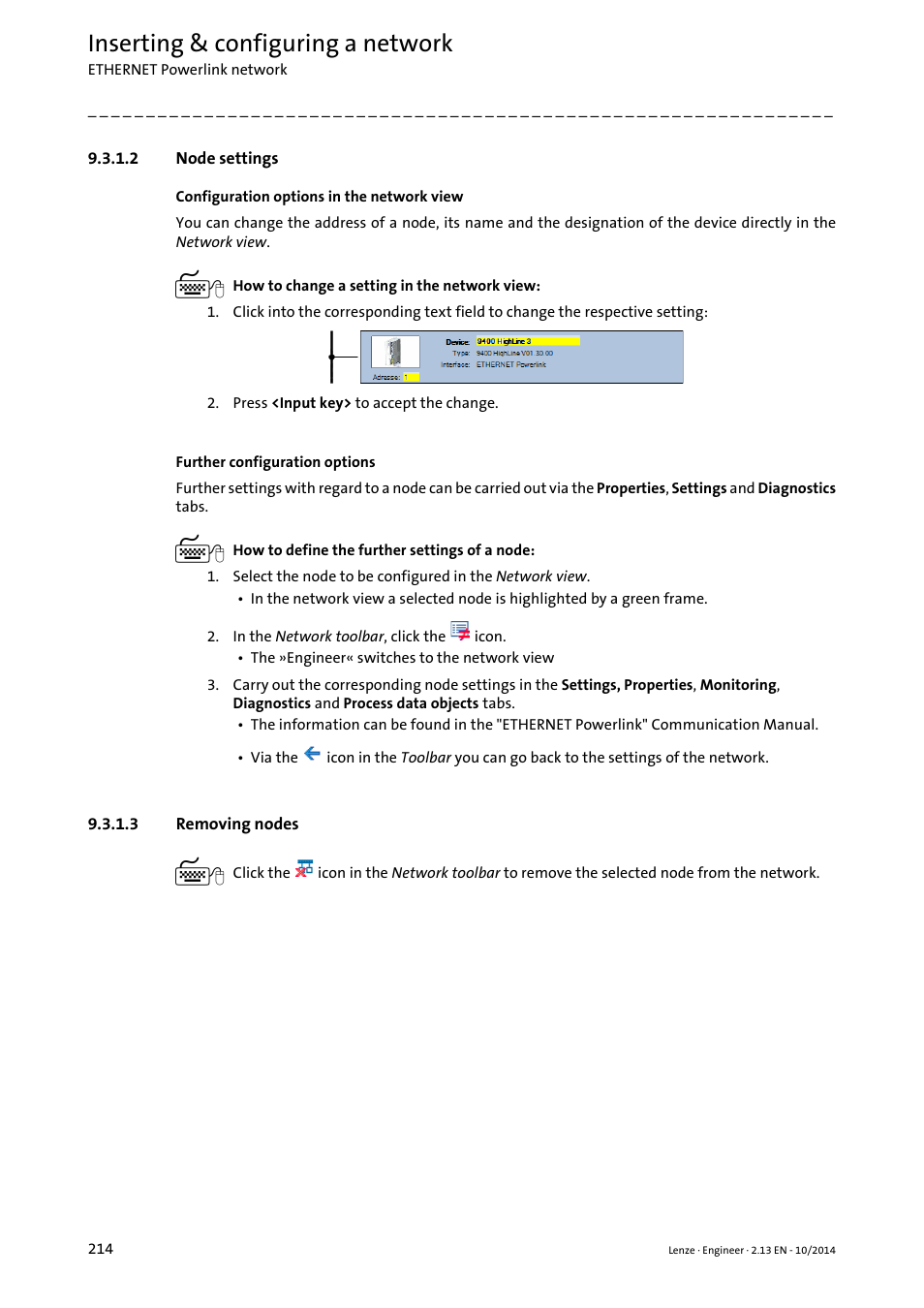 2 node settings, 3 removing nodes, Node settings | Removing nodes, Inserting & configuring a network | Lenze Engineer v2.21 User Manual | Page 214 / 312