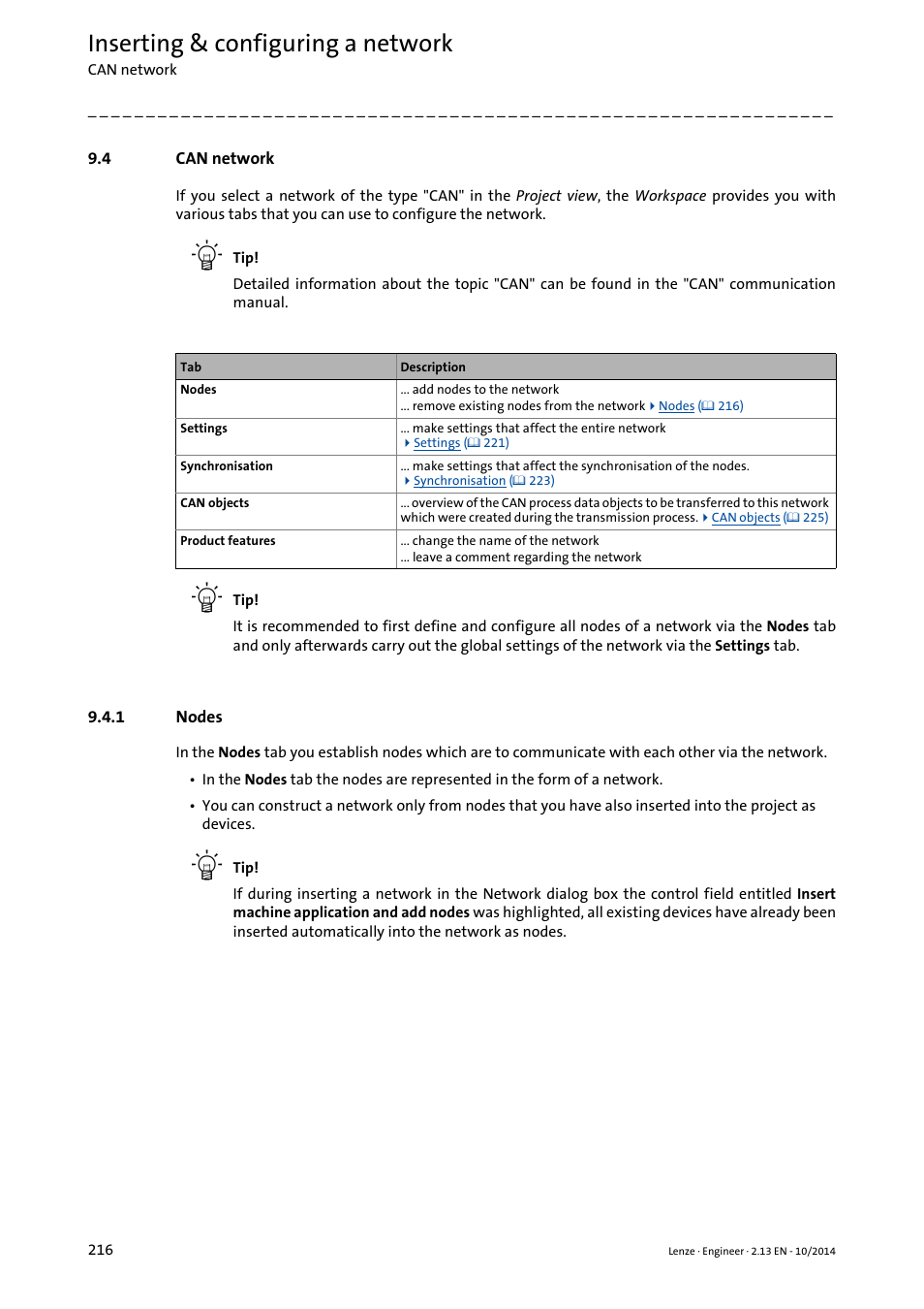 4 can network, 1 nodes, Can network | Nodes, Nodes ( 216), Inserting & configuring a network | Lenze Engineer v2.21 User Manual | Page 216 / 312