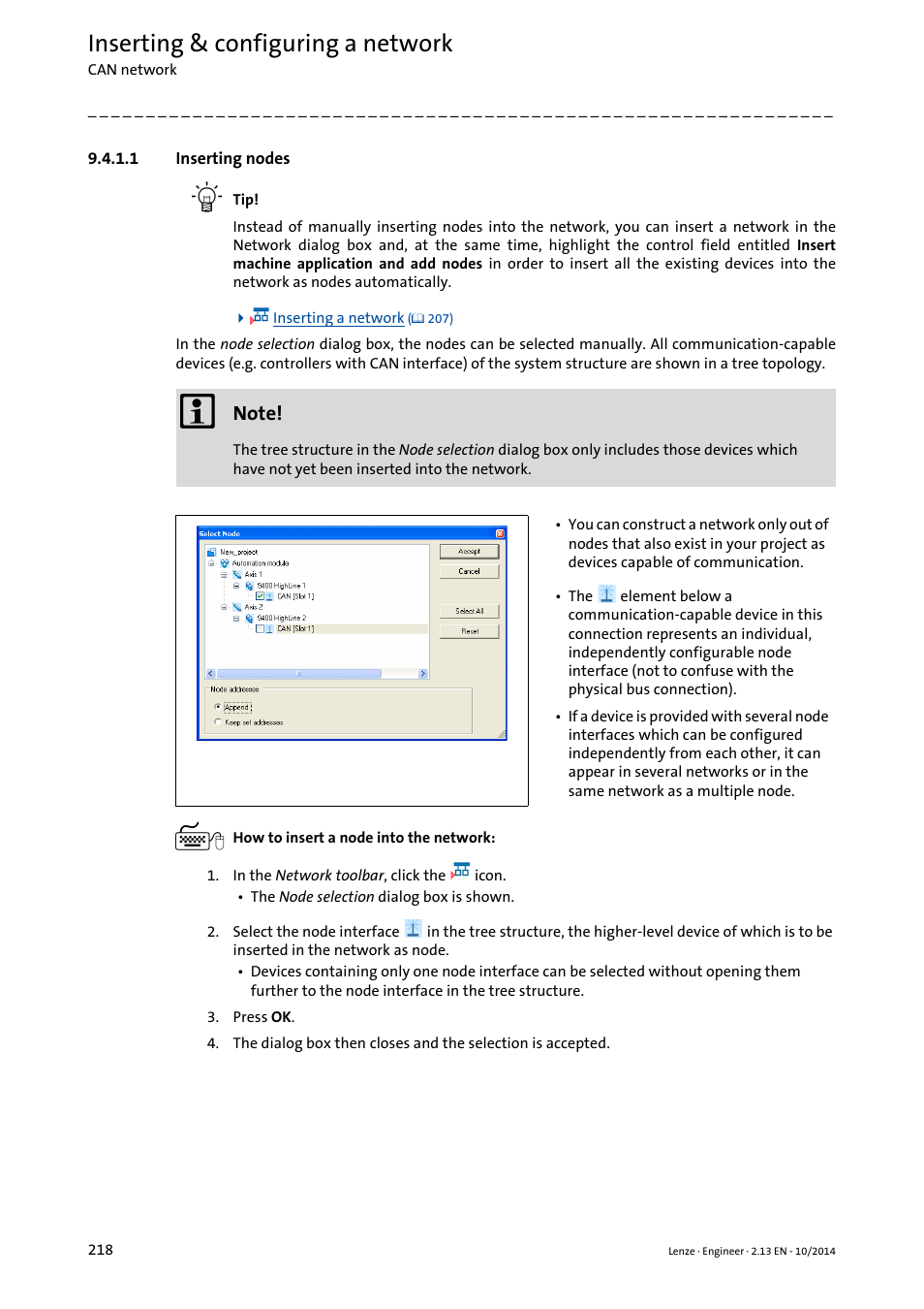 1 inserting nodes, Inserting nodes, Inserting & configuring a network | Lenze Engineer v2.21 User Manual | Page 218 / 312
