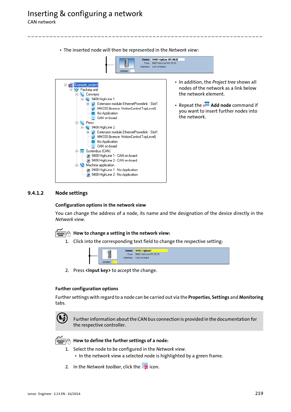 2 node settings, Node settings, Inserting & configuring a network | Lenze Engineer v2.21 User Manual | Page 219 / 312