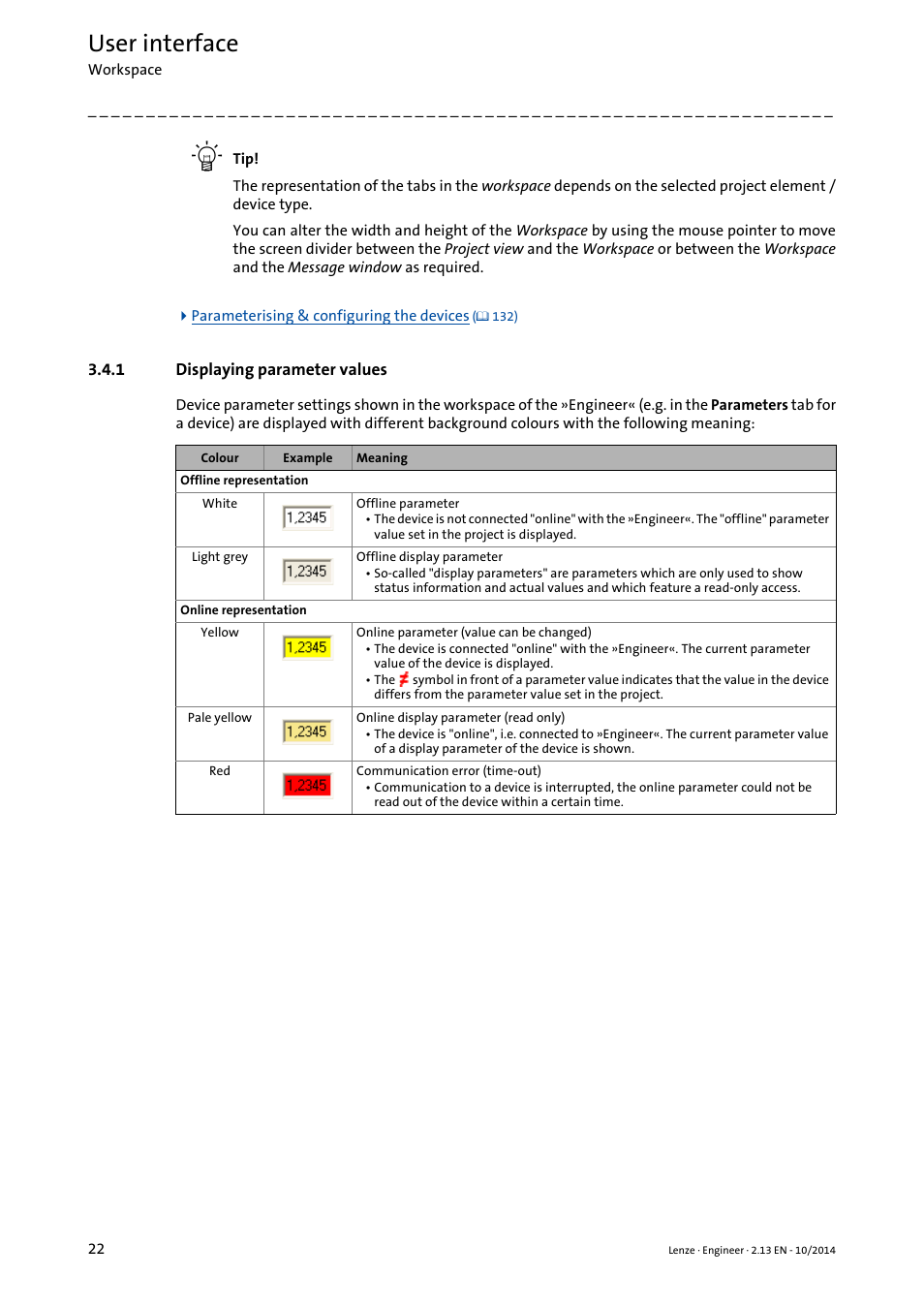 1 displaying parameter values, Displaying parameter values, User interface | Lenze Engineer v2.21 User Manual | Page 22 / 312