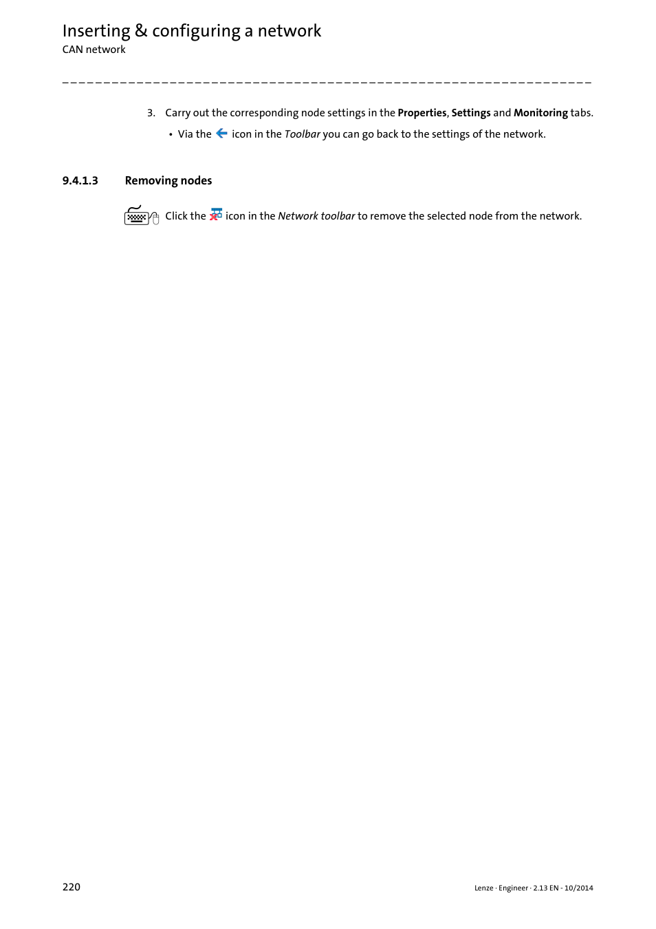 3 removing nodes, Removing nodes, Inserting & configuring a network | Lenze Engineer v2.21 User Manual | Page 220 / 312