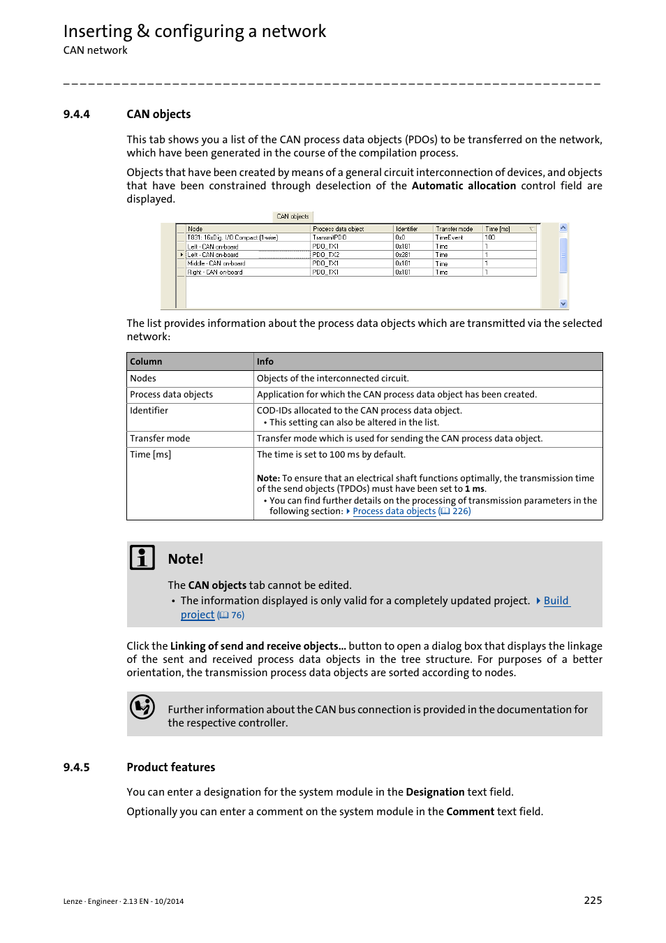 4 can objects, 5 product features, Can objects | Product features, Can objects ( 225), Inserting & configuring a network | Lenze Engineer v2.21 User Manual | Page 225 / 312