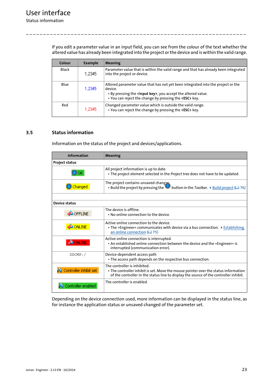 5 status information, Status information, Status information ( 23) | User interface | Lenze Engineer v2.21 User Manual | Page 23 / 312