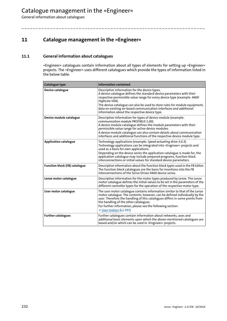11 catalogue management in the »engineer, 1 general information about catalogues, Catalogue management in the »engineer | Lenze Engineer v2.21 User Manual | Page 232 / 312