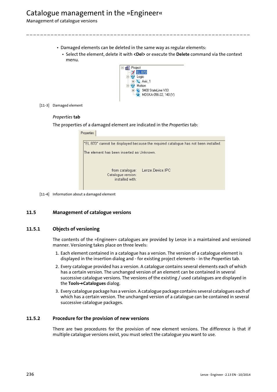 5 management of catalogue versions, 1 objects of versioning, 2 procedure for the provision of new versions | Catalogue management in the »engineer | Lenze Engineer v2.21 User Manual | Page 236 / 312