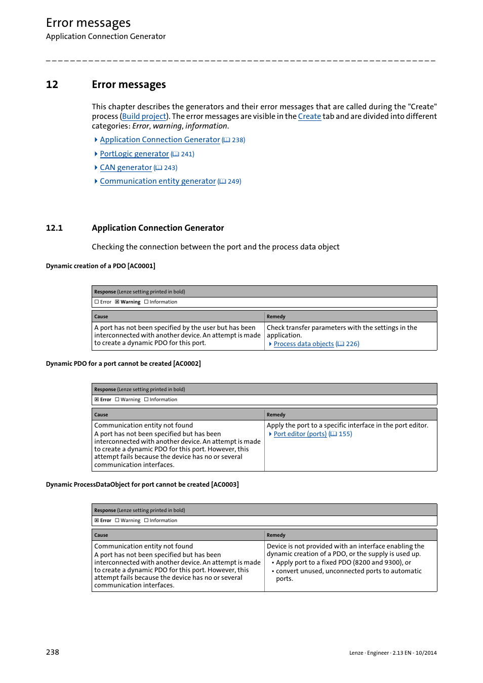 12 error messages, 1 application connection generator, Error messages | Lenze Engineer v2.21 User Manual | Page 238 / 312