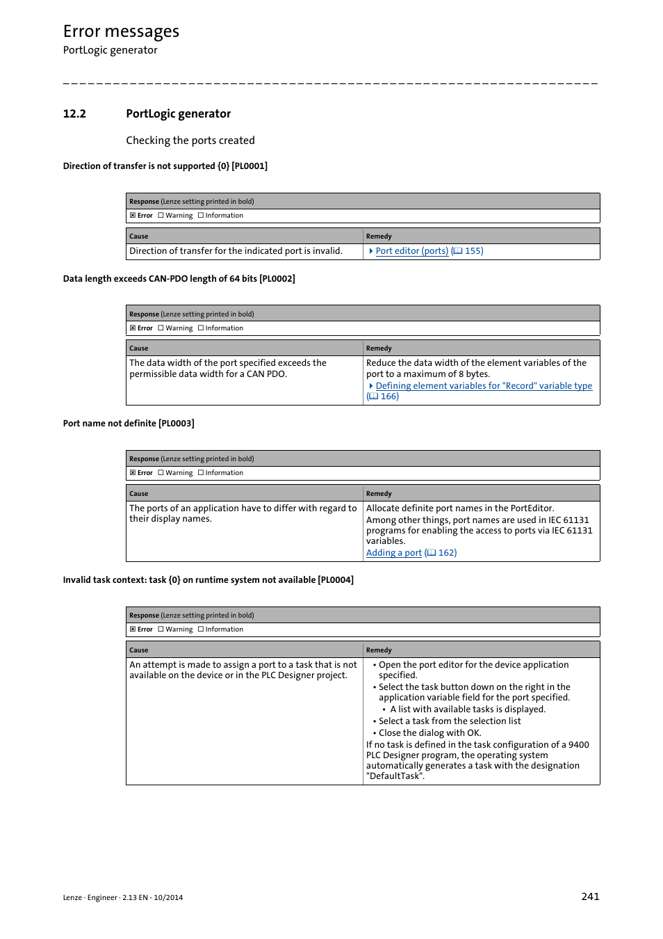 2 portlogic generator, Portlogic generator, Error messages | Lenze Engineer v2.21 User Manual | Page 241 / 312