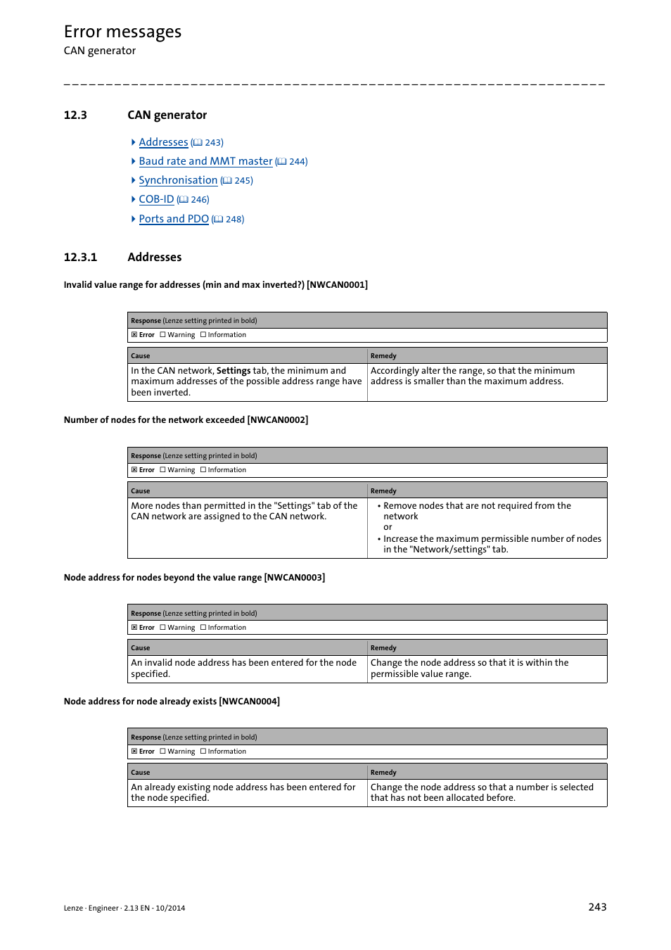 3 can generator, 1 addresses, Can generator | Error messages | Lenze Engineer v2.21 User Manual | Page 243 / 312