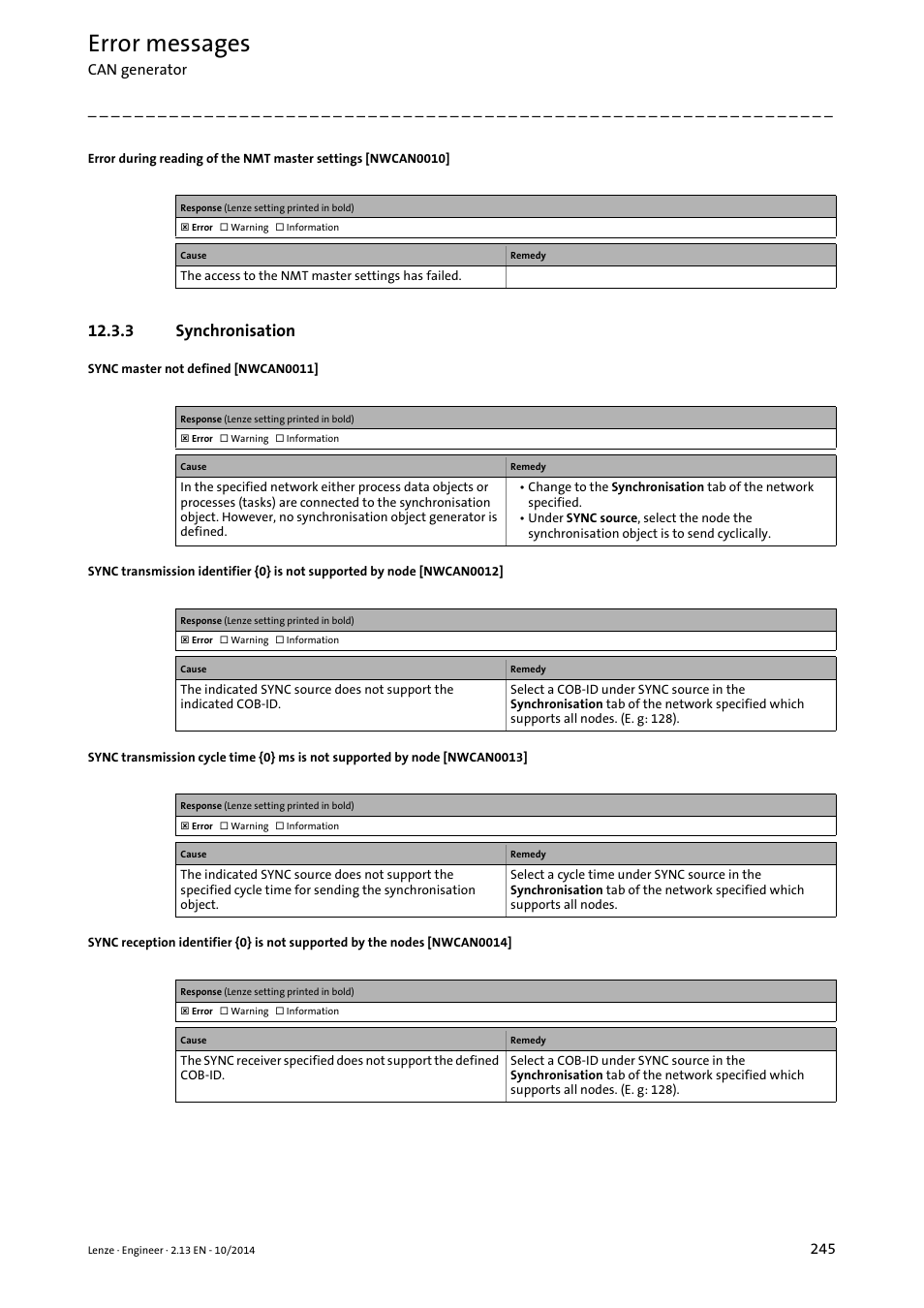 3 synchronisation, Synchronisation, Error messages | Lenze Engineer v2.21 User Manual | Page 245 / 312