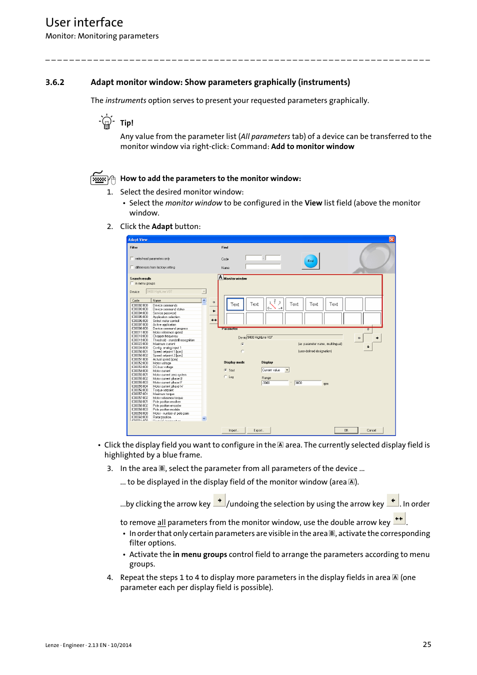 Adapt monitor window: show parameters graphically, Instruments) ( 25), User interface | Lenze Engineer v2.21 User Manual | Page 25 / 312