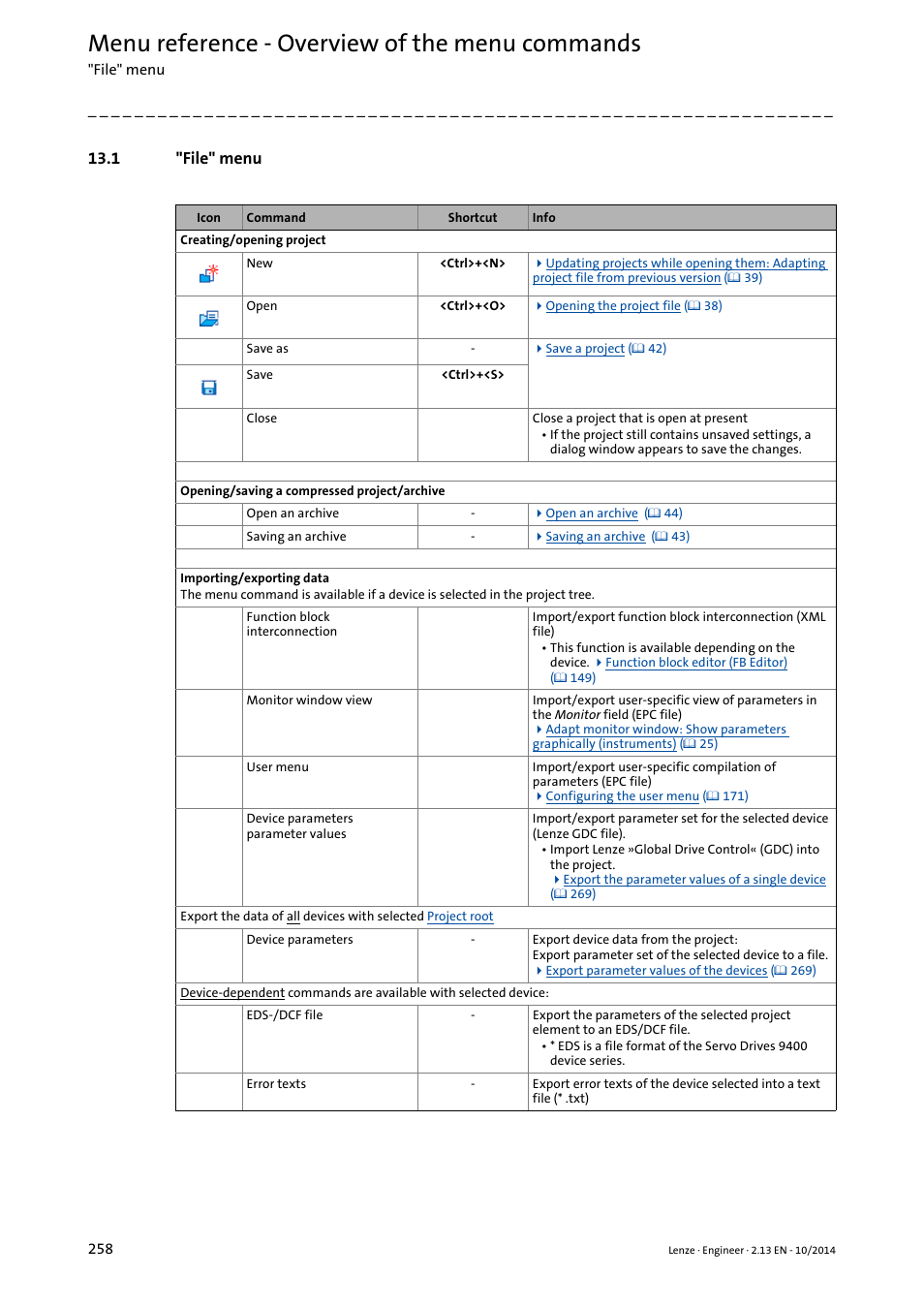 1 "file" menu, File" menu ( 258), Menu reference - overview of the menu commands | Lenze Engineer v2.21 User Manual | Page 258 / 312