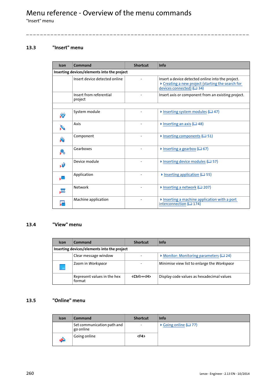 3 "insert" menu, 4 "view" menu, 5 "online" menu | Insert" menu ( 260), View" menu ( 260), Online" menu ( 260), Menu reference - overview of the menu commands | Lenze Engineer v2.21 User Manual | Page 260 / 312