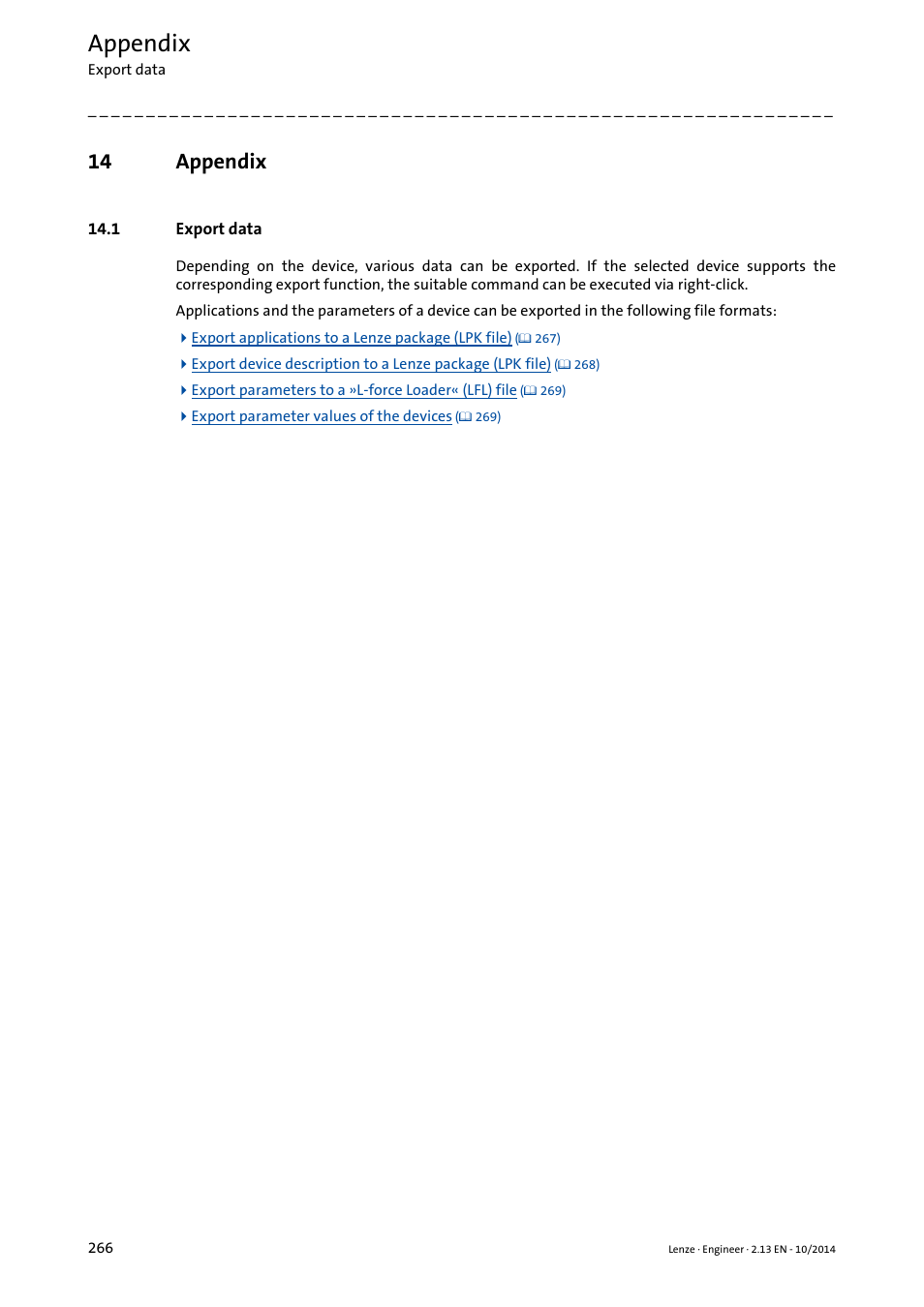14 appendix, 1 export data, Appendix | Lenze Engineer v2.21 User Manual | Page 266 / 312