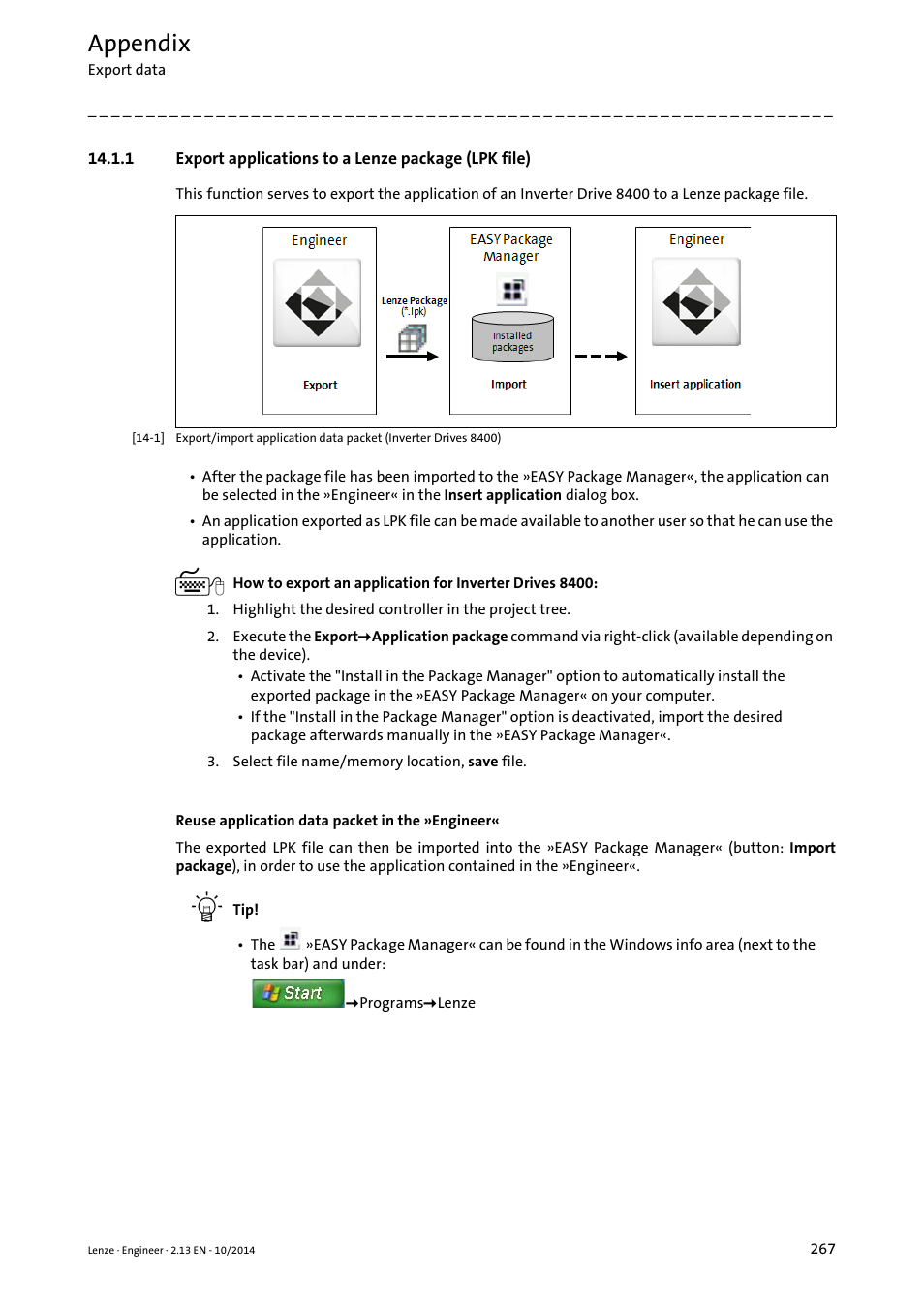 Export applications to a lenze package (lpk file), Appendix | Lenze Engineer v2.21 User Manual | Page 267 / 312