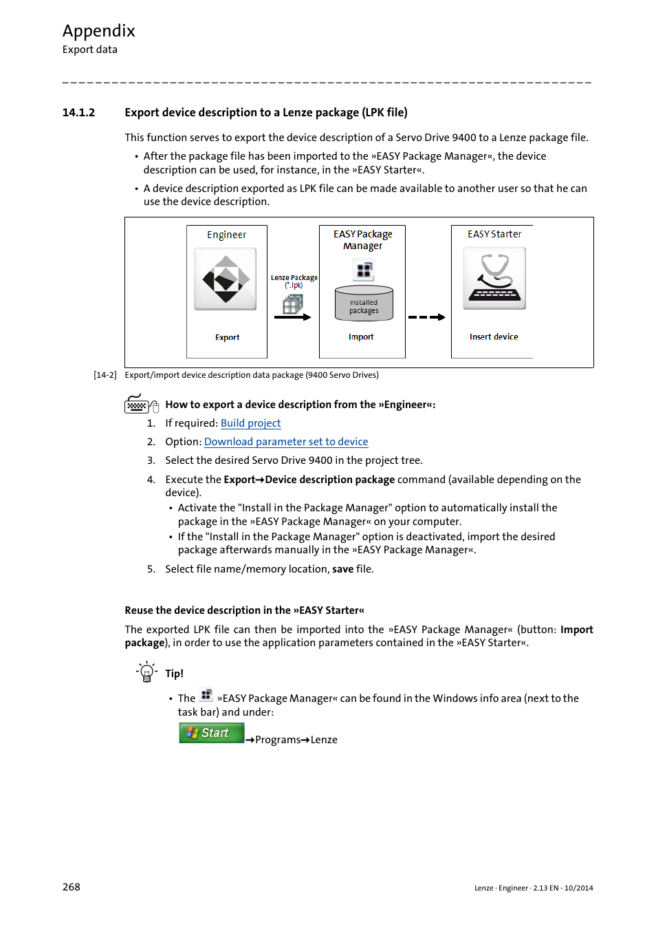 Export device description to a lenze package, Lpk file) ( 268), Appendix | Lenze Engineer v2.21 User Manual | Page 268 / 312