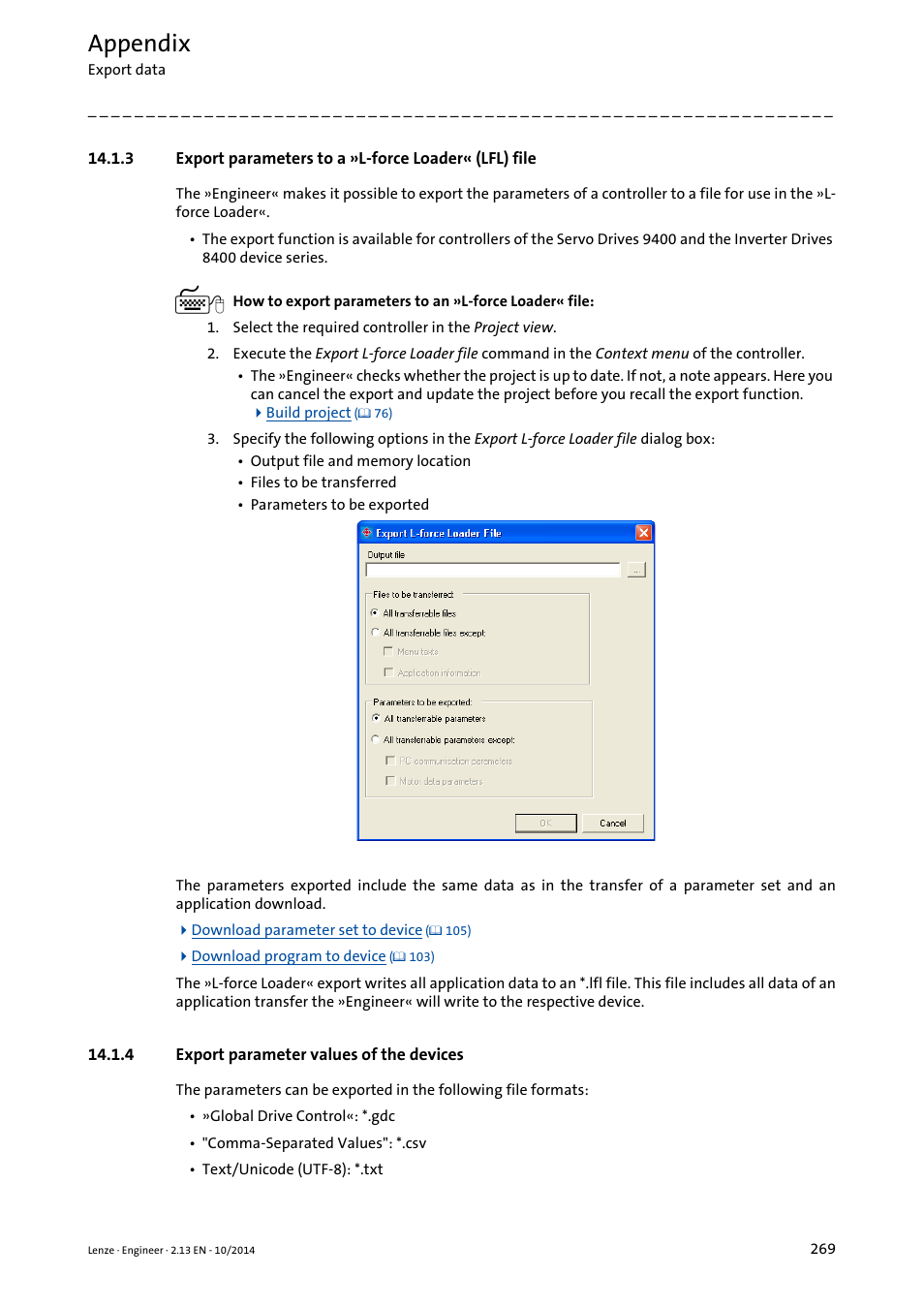 4 export parameter values of the devices, Export parameter values of the devices ( 269), Export parameters to a »l-force loader« (lfl) file | Export parameter values of the devices, Appendix | Lenze Engineer v2.21 User Manual | Page 269 / 312