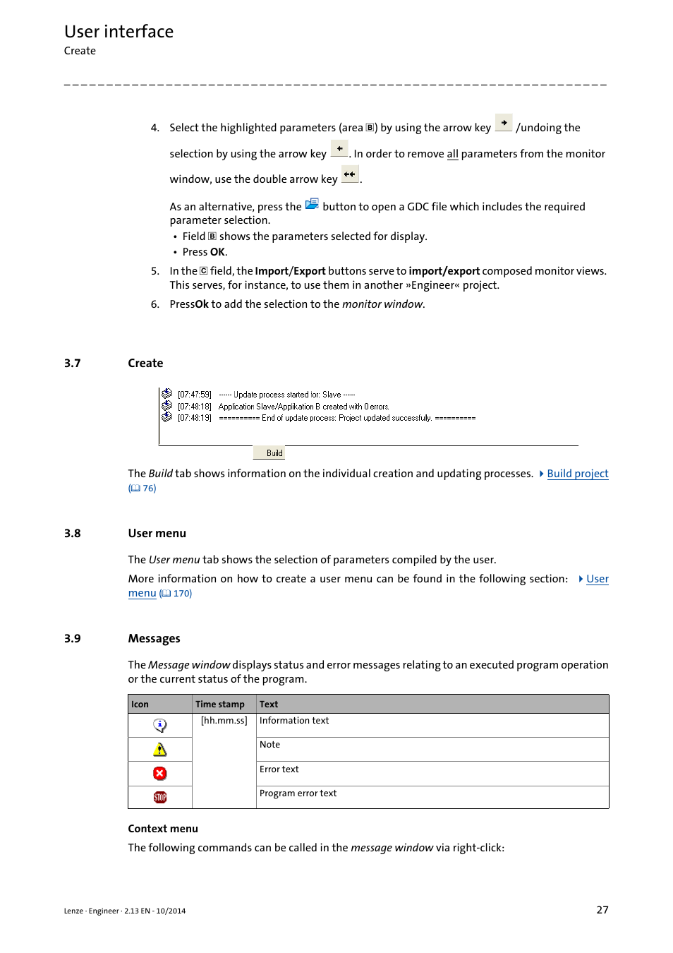 7 create, 8 user menu, 9 messages | Create, User menu, Messages, Creat, Messages ( 27), User interface | Lenze Engineer v2.21 User Manual | Page 27 / 312