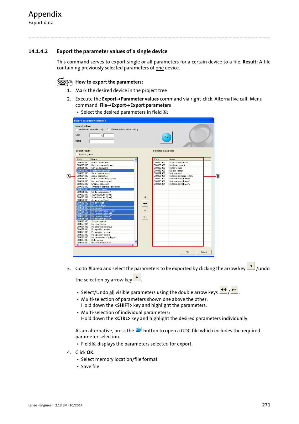 2 export the parameter values of a single device, Export the parameter values of a single device, Appendix | Lenze Engineer v2.21 User Manual | Page 271 / 312