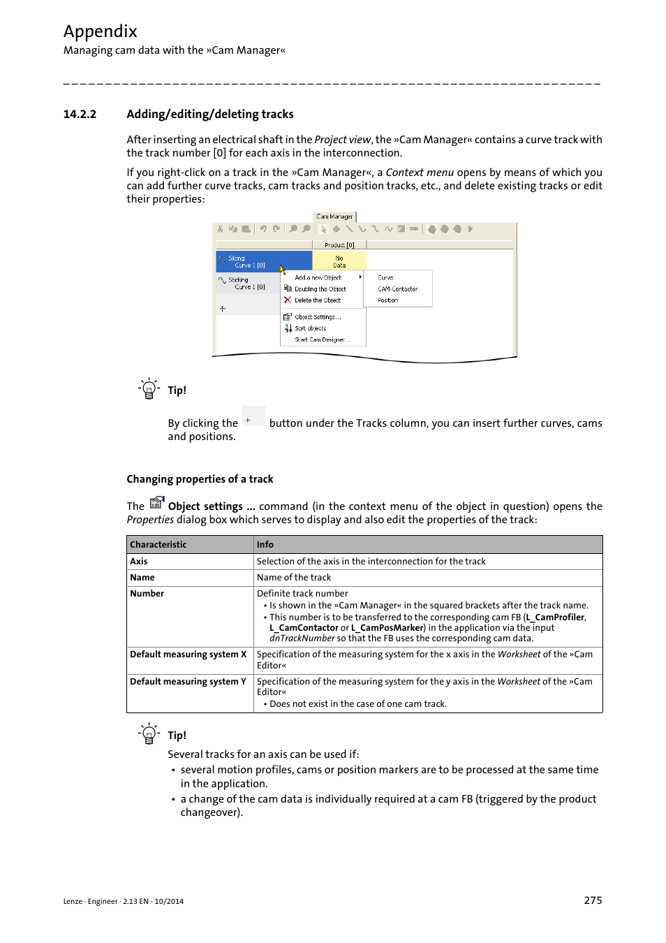 2 adding/editing/deleting tracks, Appendix | Lenze Engineer v2.21 User Manual | Page 275 / 312