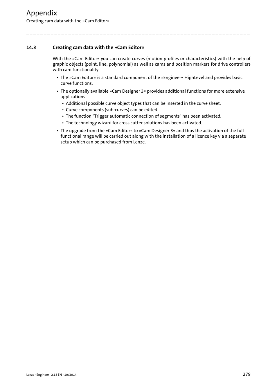 3 creating cam data with the »cam editor, Creating cam data with the »cam editor, Appendix | Lenze Engineer v2.21 User Manual | Page 279 / 312