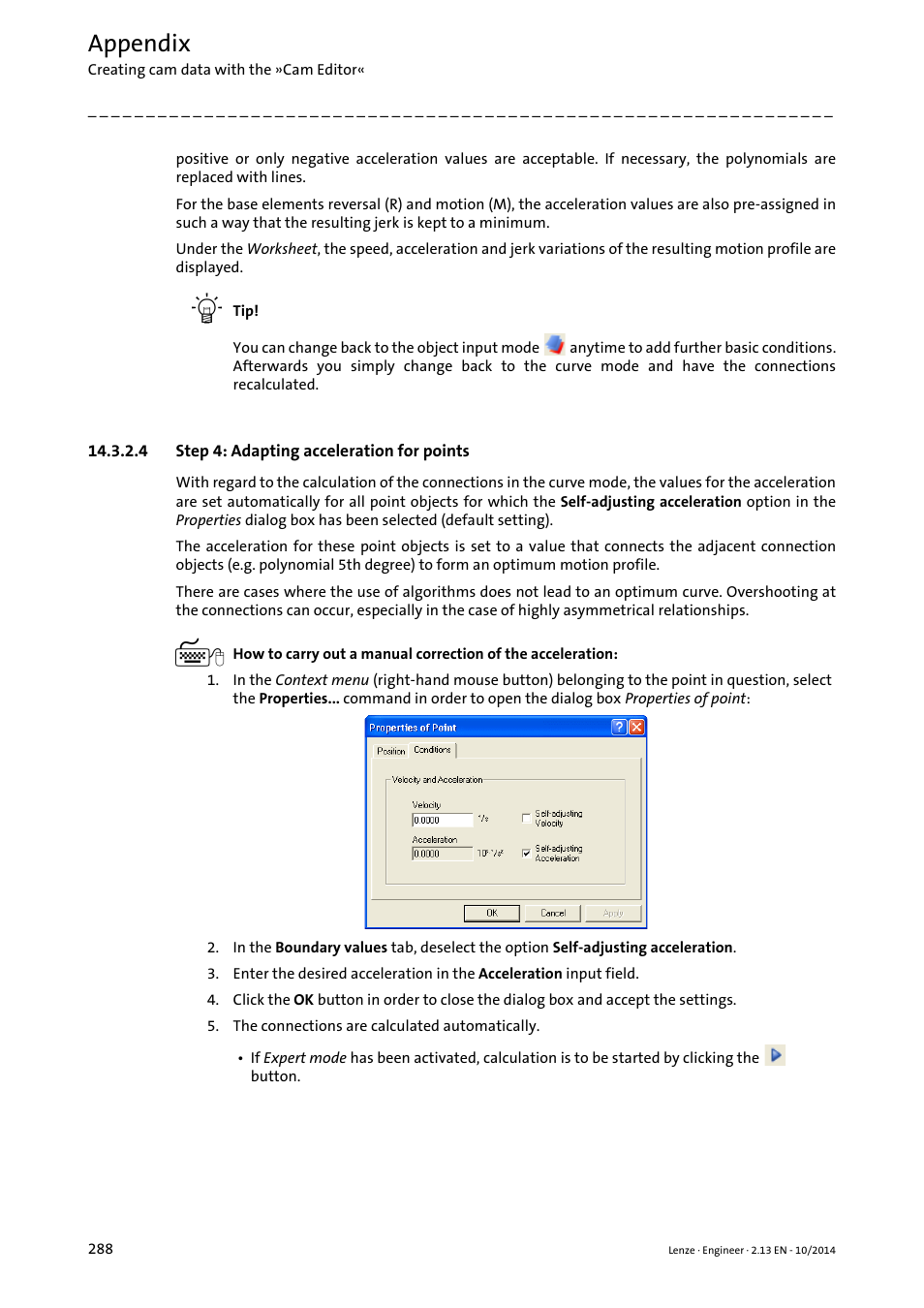 4 step 4: adapting acceleration for points, Step 4: adapting acceleration for points, Appendix | Lenze Engineer v2.21 User Manual | Page 288 / 312