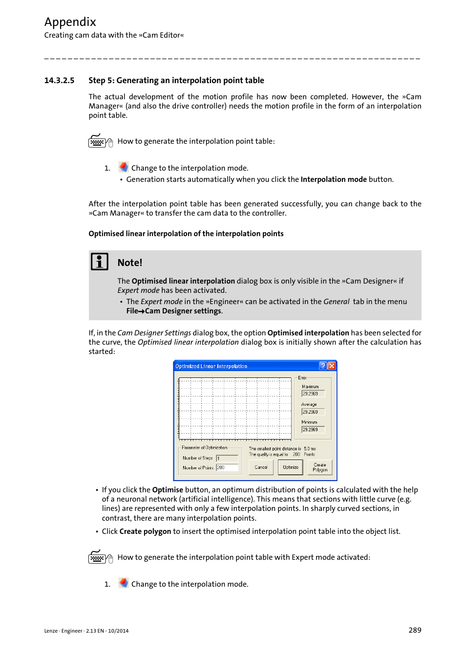 5 step 5: generating an interpolation point table, Step 5: generating an interpolation point table, Appendix | Lenze Engineer v2.21 User Manual | Page 289 / 312