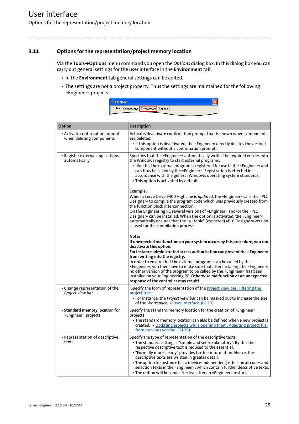 Options for the representation, Project memory location, User interface | Lenze Engineer v2.21 User Manual | Page 29 / 312
