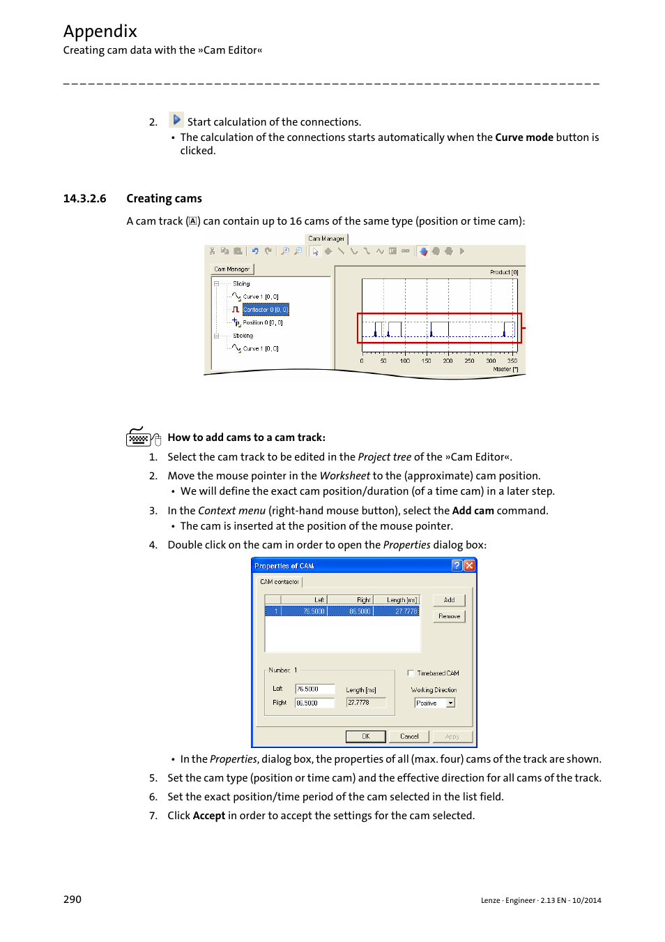 6 creating cams, Creating cams, Appendix | Lenze Engineer v2.21 User Manual | Page 290 / 312