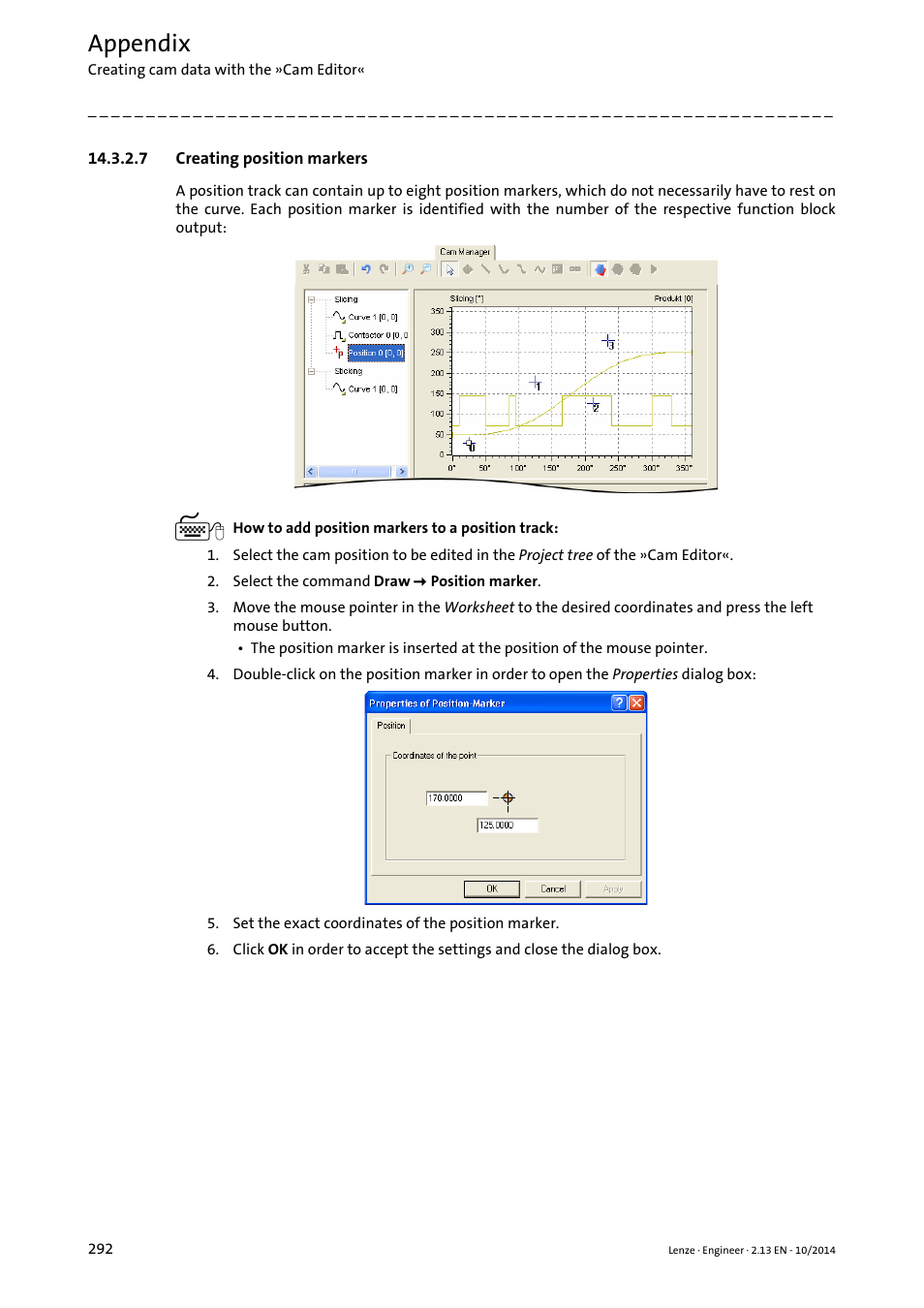 7 creating position markers, Creating position markers, Appendix | Lenze Engineer v2.21 User Manual | Page 292 / 312